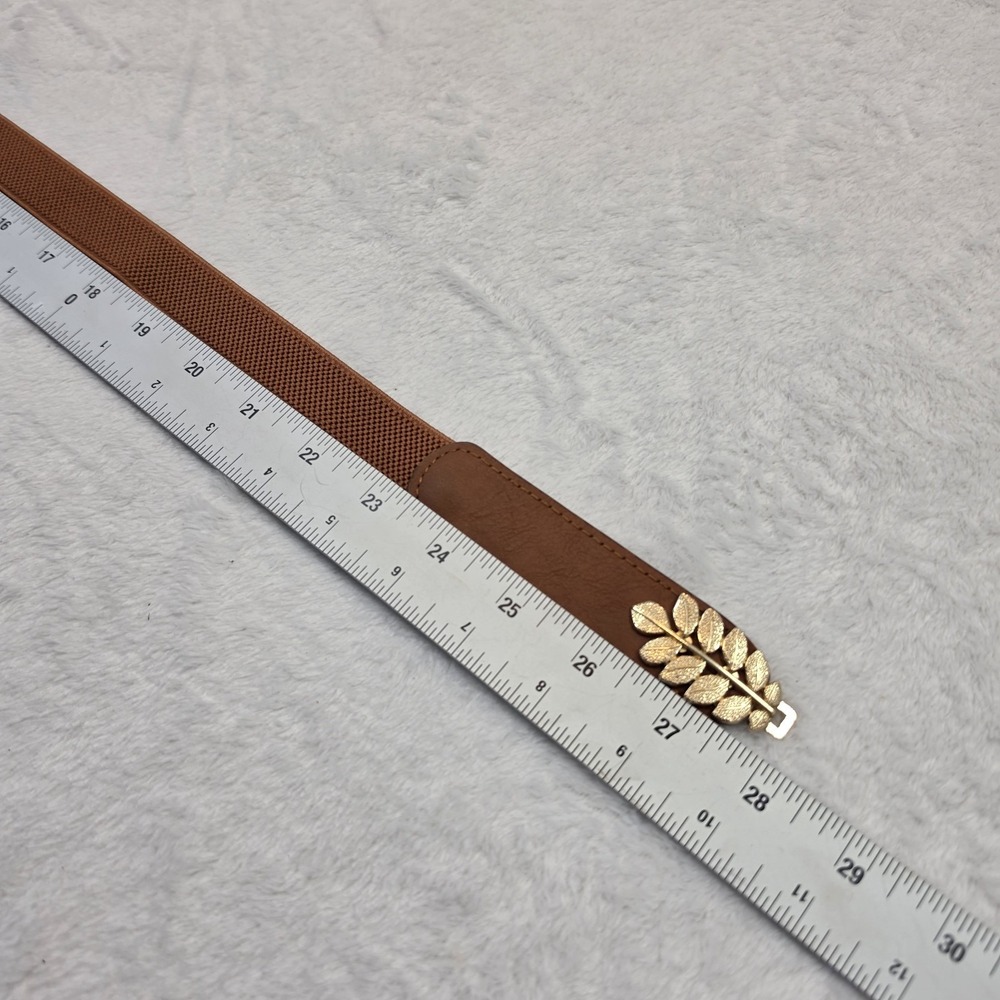 Brown Elastic Waist Belt Womens Gold Leaf Buckle Stretch Cincher Belt - Picture 3 of 6